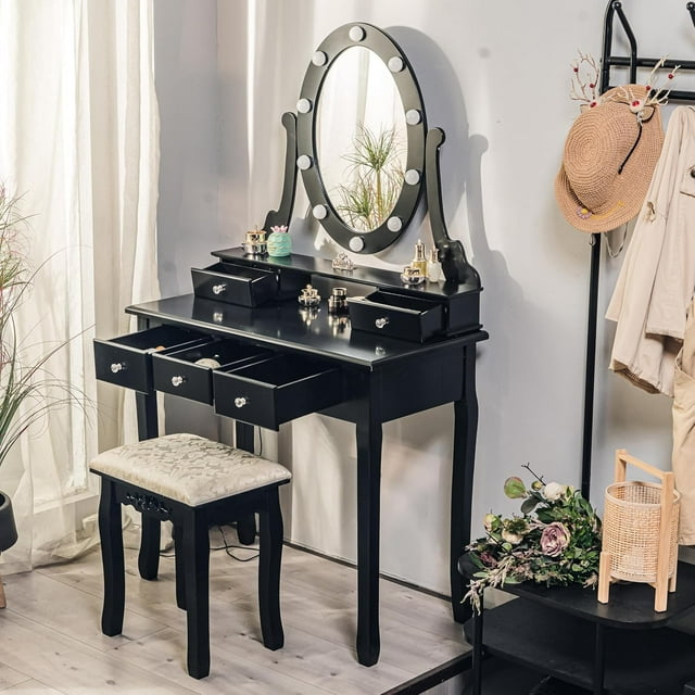 Ensemble de Coiffeuse avec Tabouret, 10 Lumières à Intensité Réglable, 5 Tiroirs