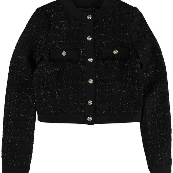GUESS Womens Metallic Tweed Six Button Jackets & Blazers, Black, X-Large