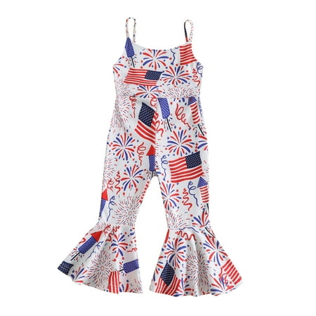 

aturustex Toddler Girl 4th of July Romper Sleeveless Flag/ Fireworks Print Summer Long Jumpsuit Bell-Bottoms Independence Day Pants