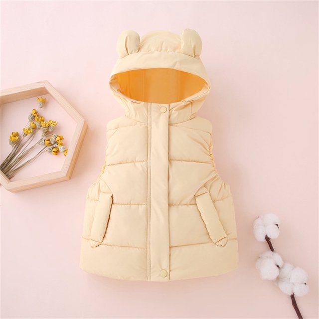JIANJIA Abrigos y chaquetas para niños pequeños, de color liso, con orejas de oso, con capucha, sin mangas, ligeros y gruesos, ropa de abrigo para otoño e invierno, ropa deportiva