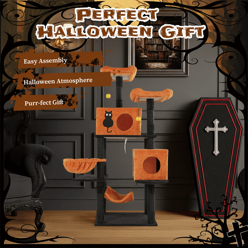 Tcbosik Halloween Cat Tree, 61" Cat Tower with Cat Condos, Padded Perches and Hammocks, Multi-Level Cat Activities Furniture with Scratching Posts and Hanging Balls, Orange & Black