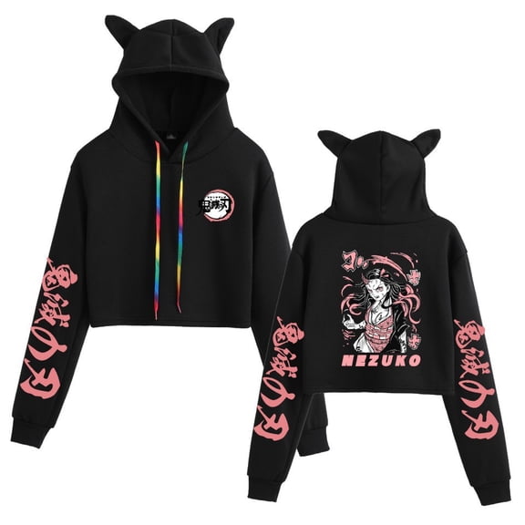 Duoxingbao  Demon Slayer Harajuku Street Anime Print Girl Cat Ears Cropped Sweatshirt