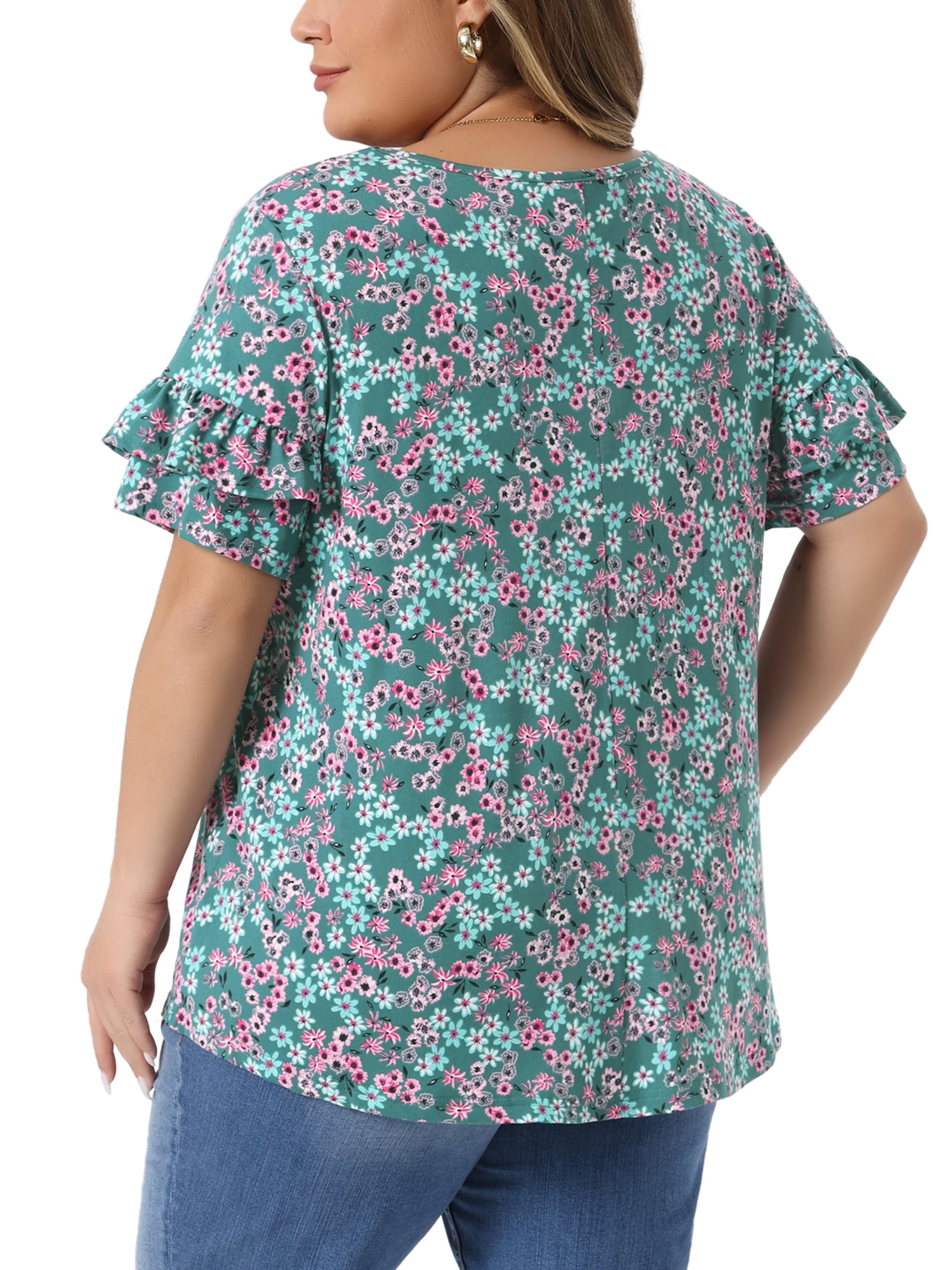 Women's Plus Summer Tops V Neck Ruffle Sleeve Floral Casual Blouses 2X Green