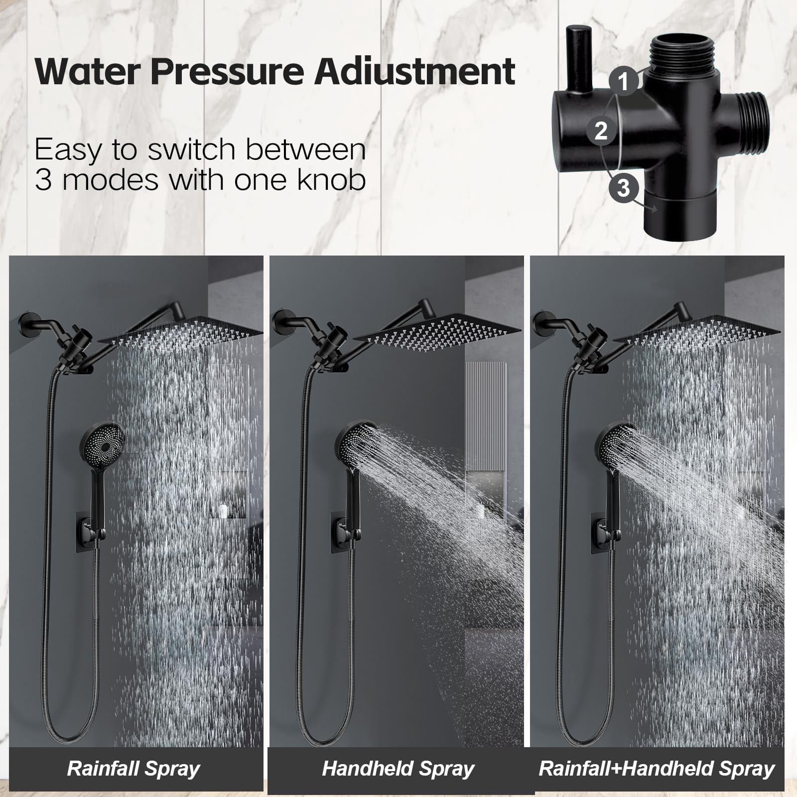 Shower Head  8 Inch Multifunction High Rain With Handheld Spray Combo 11'' Angle Adjustable Extension Arm/flow Regulator/shower System Matte Black