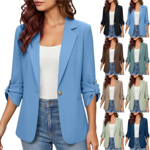 Otntypg Blazers for Women - Lightweight Fully Lined Button Roll-up 3/4 Length Sleeve One Button Notch Lapel V Neck Business Casual Suit Jackets with Pockets
