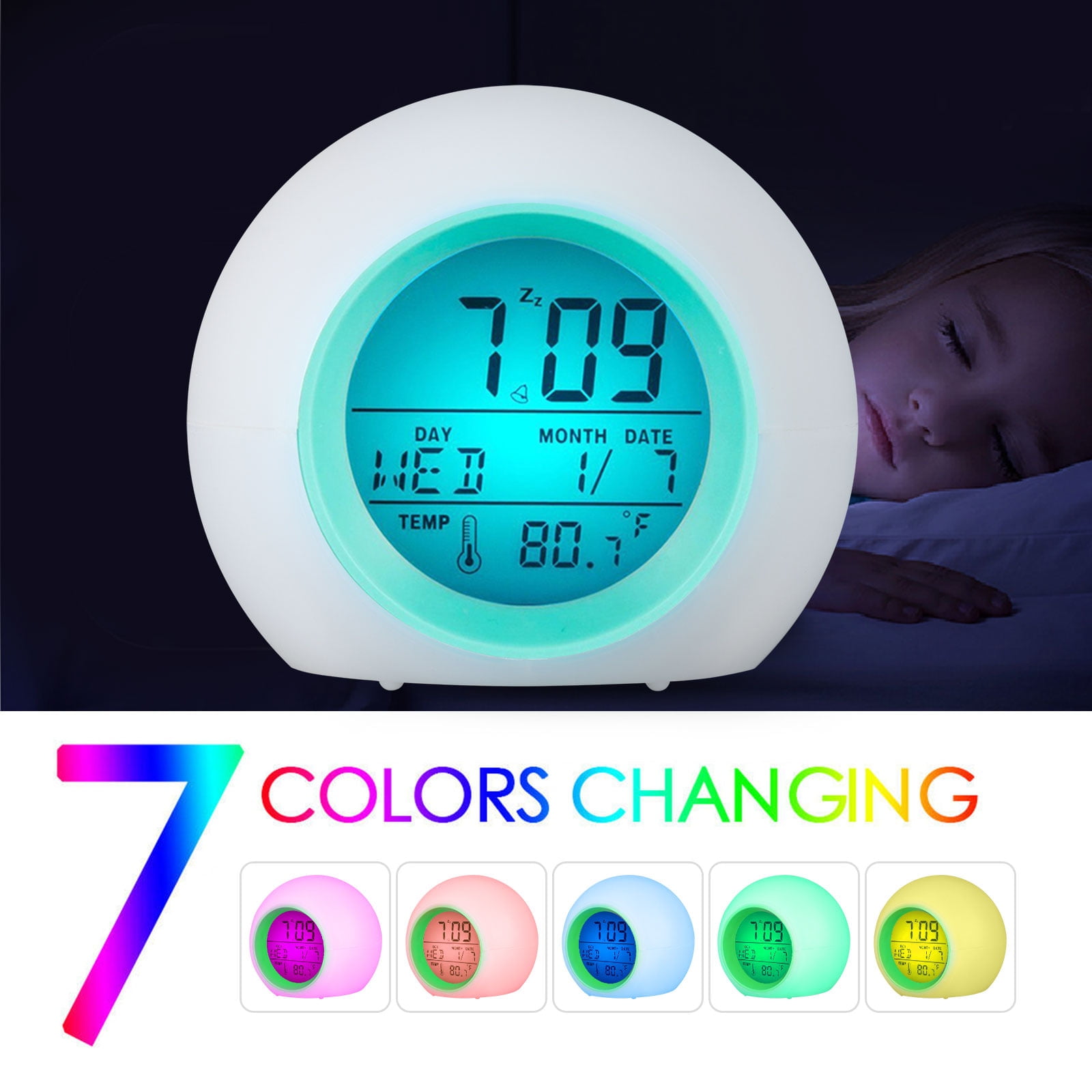 Touch Control and Snoozing Kids LED Alarm Clock Wake Up Digital Clocks for Children Bedside Clock 7 Colors Changing Light for Boys Girls Bedroom Decor with Indoor Temperature Calendar Blue 