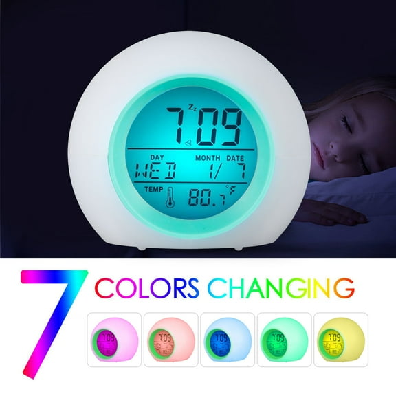 Kids Alarm Clock, Student Digital Clock for Boys Girls, 7 Colors Changing Light Bedside Clock with 8 Alarm Songs Clock for Children's Bedroom, Indoor Temperature Touch Control Snoozing