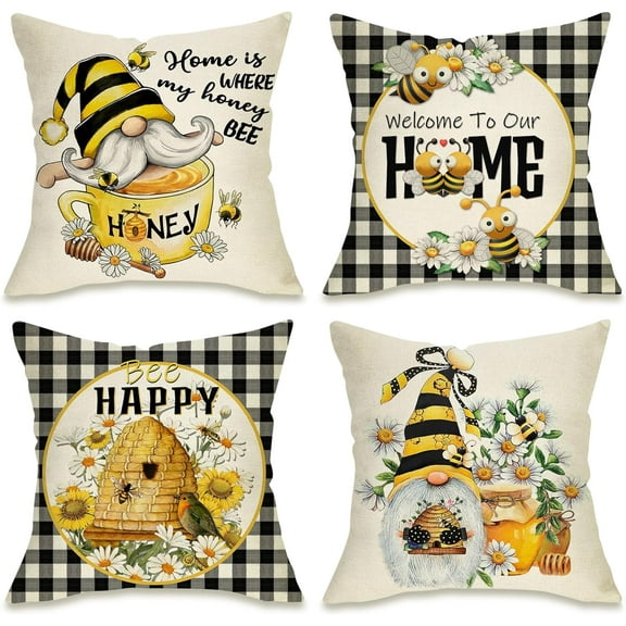 1Pc/2Pcs/4Pcs Spring Summer Yellow Bumble Bee Happy Gnome Decorative Throw Pillow Cover, Black Buffalo Plaid Honey Themed Home Decoration, Farmhouse Cushion Case Outdoor Decors,16/18/20inch