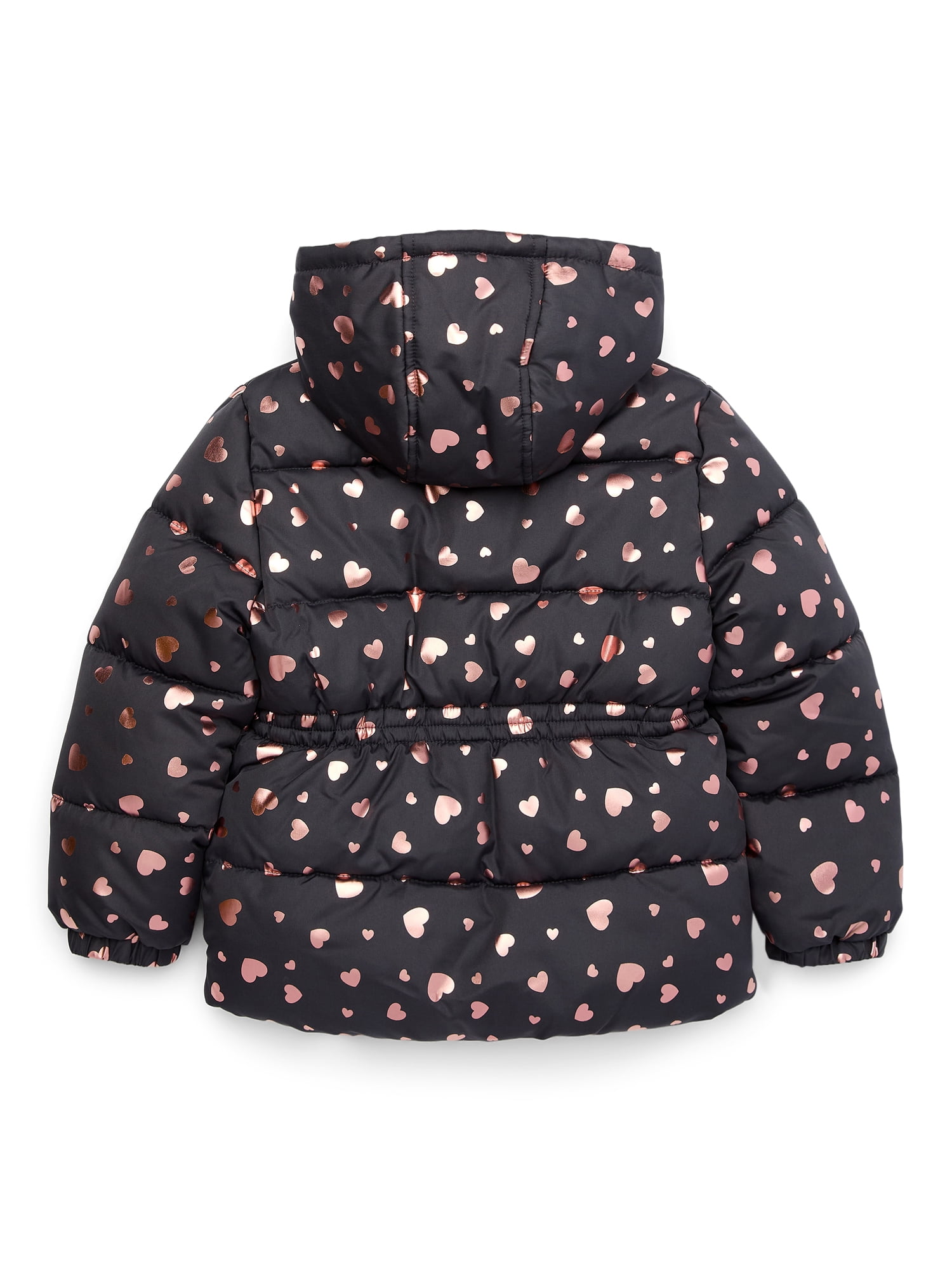 Pink Platinum Girls Heart Foil Printed Hooded Puffer Jacket with Fleece Lining, Sizes 4-16