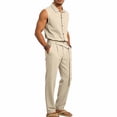 thumbnail image 5 of Ceisia Men Lapel Sleeveless Button Down Shirt and Belted Straight Leg Pants 2 Piece Linen Outfit Khaki XL Gift, 5 of 8