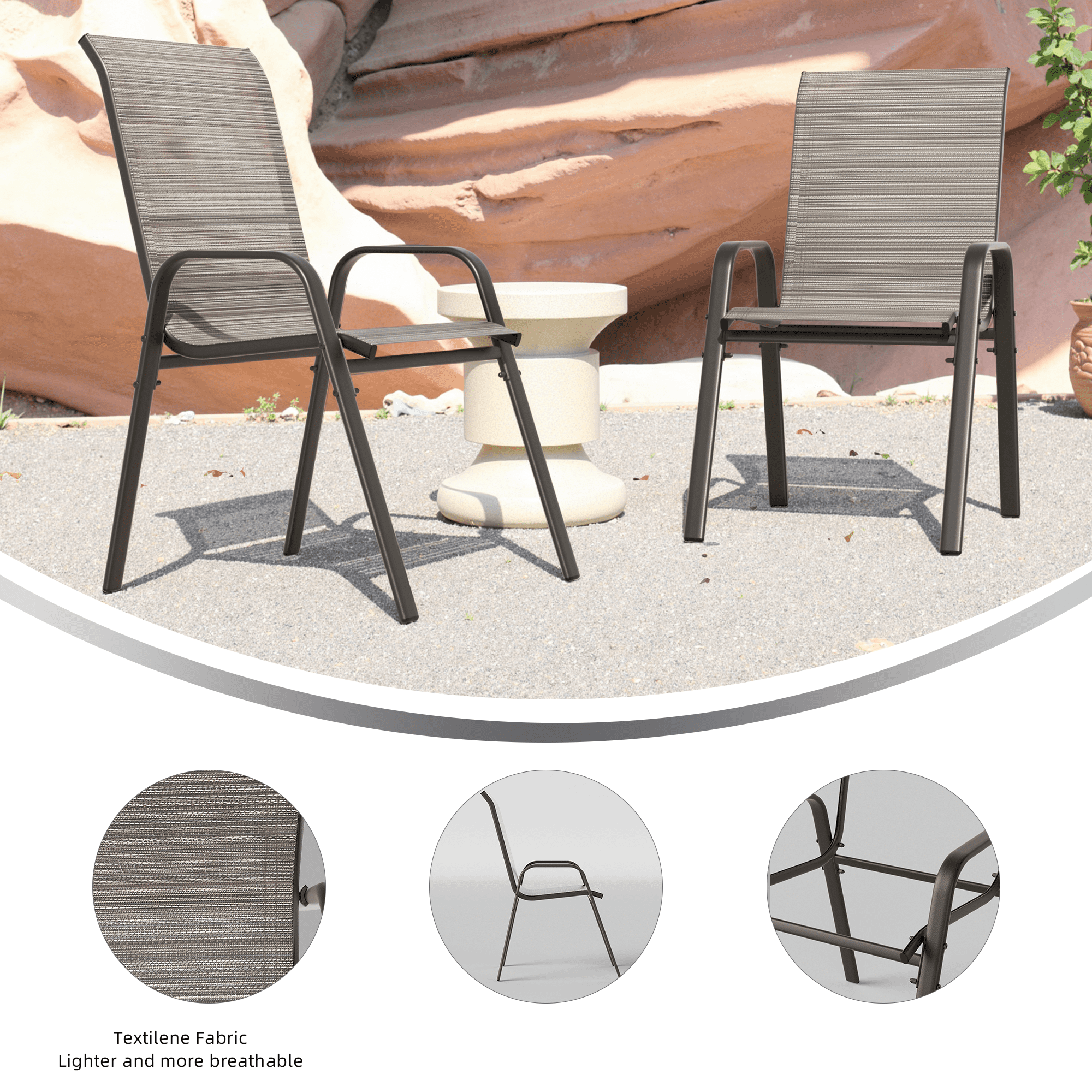 ALAULM Stackable Patio Chairs Set of 8, Outdoor Furniture Chairs with All Weather Breathable Textilene & Metal Frame, Outdoor Furniture Set for Lawn Garden Backyard, Brown