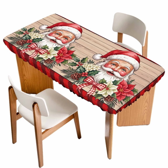 Christmas Table Cloths for 3 Foot Rectangle Tables, Winter Santa Claus Poinsettia Wooden Grain Patio Waterproof Elastic Fitted Tablecloths, Washable Rectangular Table Cover for Camping
