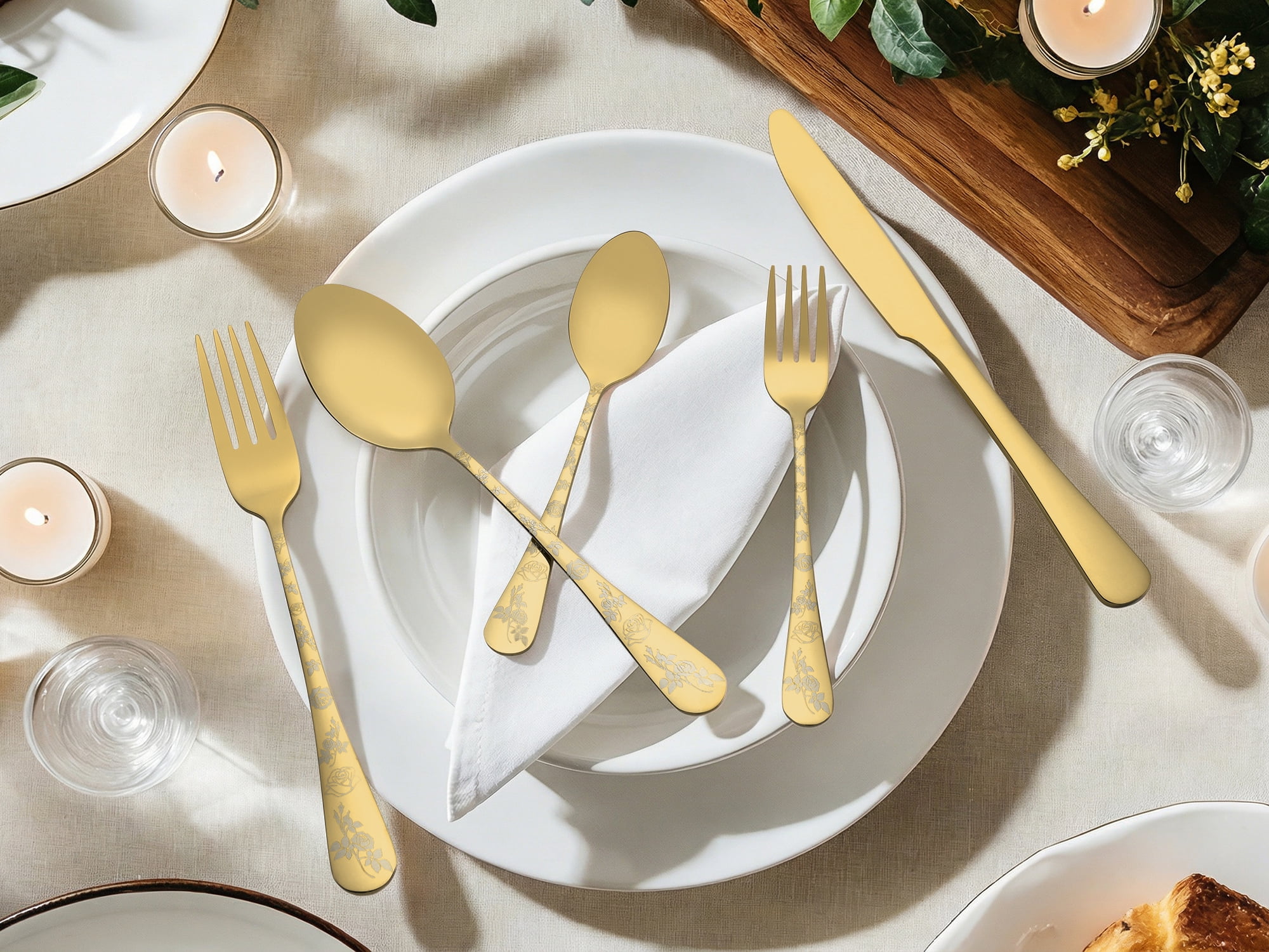 Unique Bargains 30 Piece Silverware Set for 6 Stainless Steel Floral Flatware Gold 30