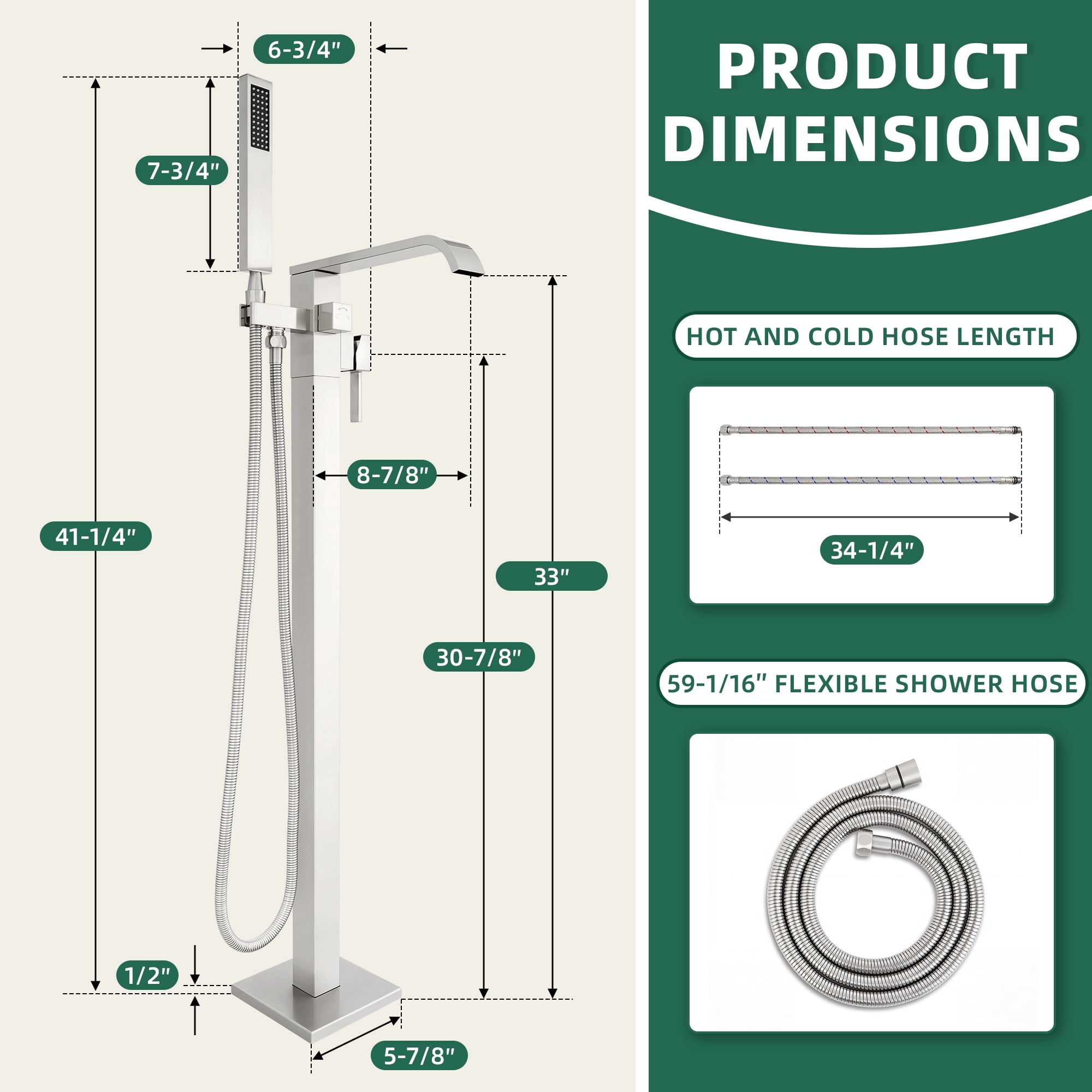 Free Standing Tub Faucet, High Flow Freestanding Bathtub Faucet with Waterfall Spout & Handheld Shower, 360°Swivel Tub Filler, Brass Body, Brushed Nickel