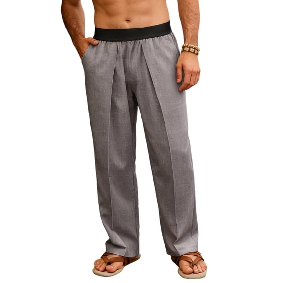 Ecqkame Men's Cotton Linen Loose Pants Solid Color Elastic Waist Casual Pant Lightweight Comfortable Outdoor Beach Trousers Gray S