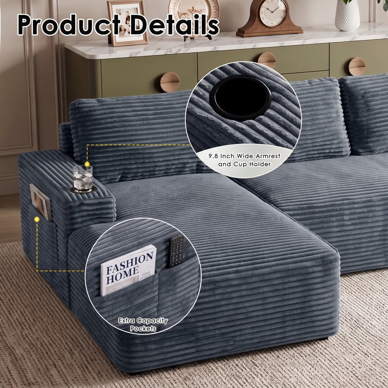 Anpport 133" Boneless Cloud Modular Sectional Couch, Corduroy Sofa with Cup Holders, Side Pockets, Deep Seat, No Assembly Required for Living Room, Gray (U‑Shaped)