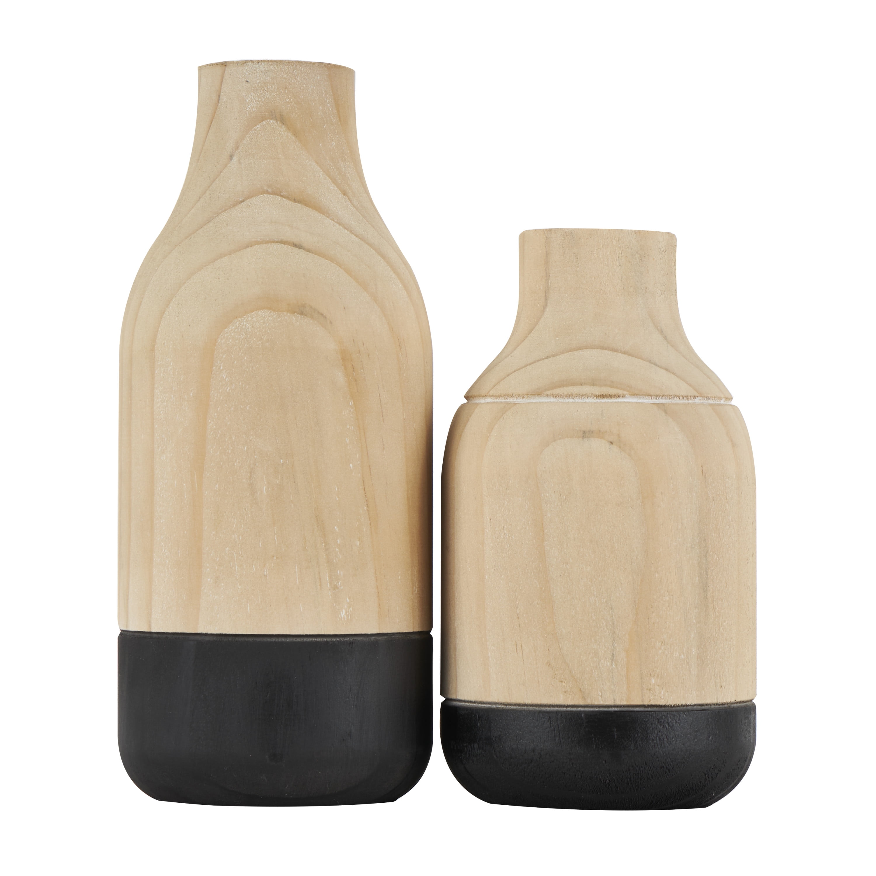 DecMode 9", 7"H Colorblock Light Brown Wood Vase with Black Bases, Set of 2