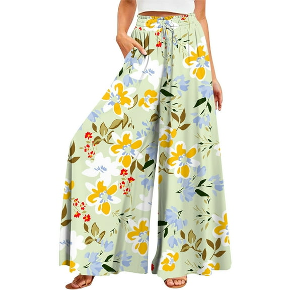 YDKZYMD Wool Pants Women Wide Legs Elastic Boho Ruffle Drawstring Pants Floral Palazzo Beach Loose Petite with Pocket Trousers Summer Comfy Plus Size Casual Pants Light Green 3XL