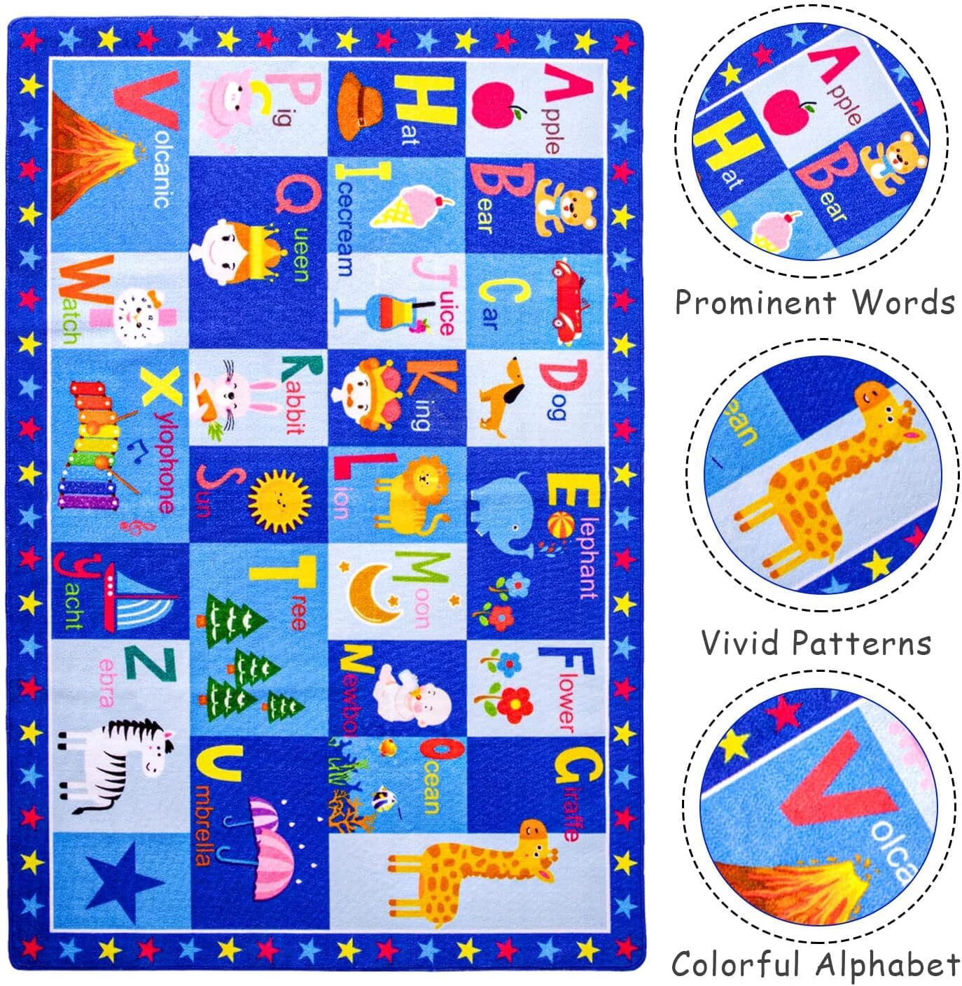 Dwelke Kids Rugs for Playroom ABC Educational Area Rug, Cute Cartoon Daycare Supplies, Kids Gift for Playroom Bedroom,4'x6'Blue