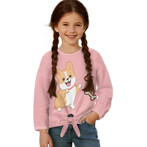 DISNIMO Corgi Print Girls Lace-up Tops Kids Long Sleeve Crewneck Tee Soft Loose Pullover Tops Casual Fashion T-Shirts Tunic Blouse