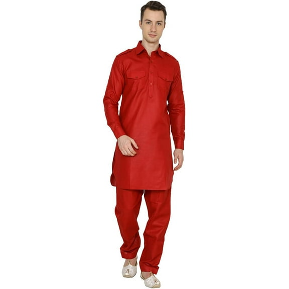 Royal Kurta Men's Linen Pathani Suit Red