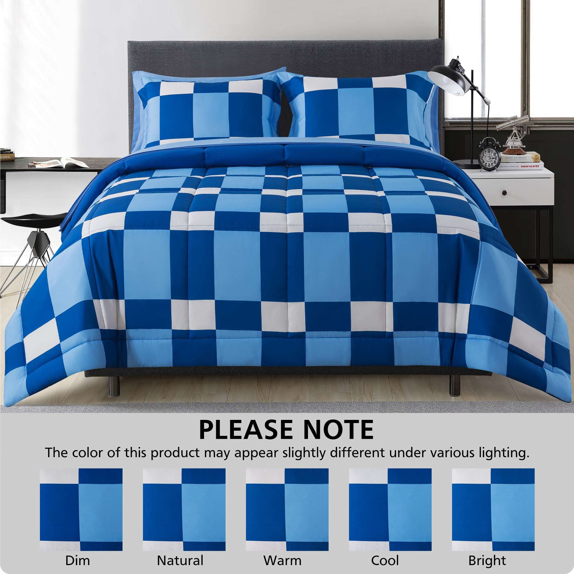 Mainstays 7-Piece Reversible Bed-in-a-Bag with Laundry Tote, Blue Check, Queen