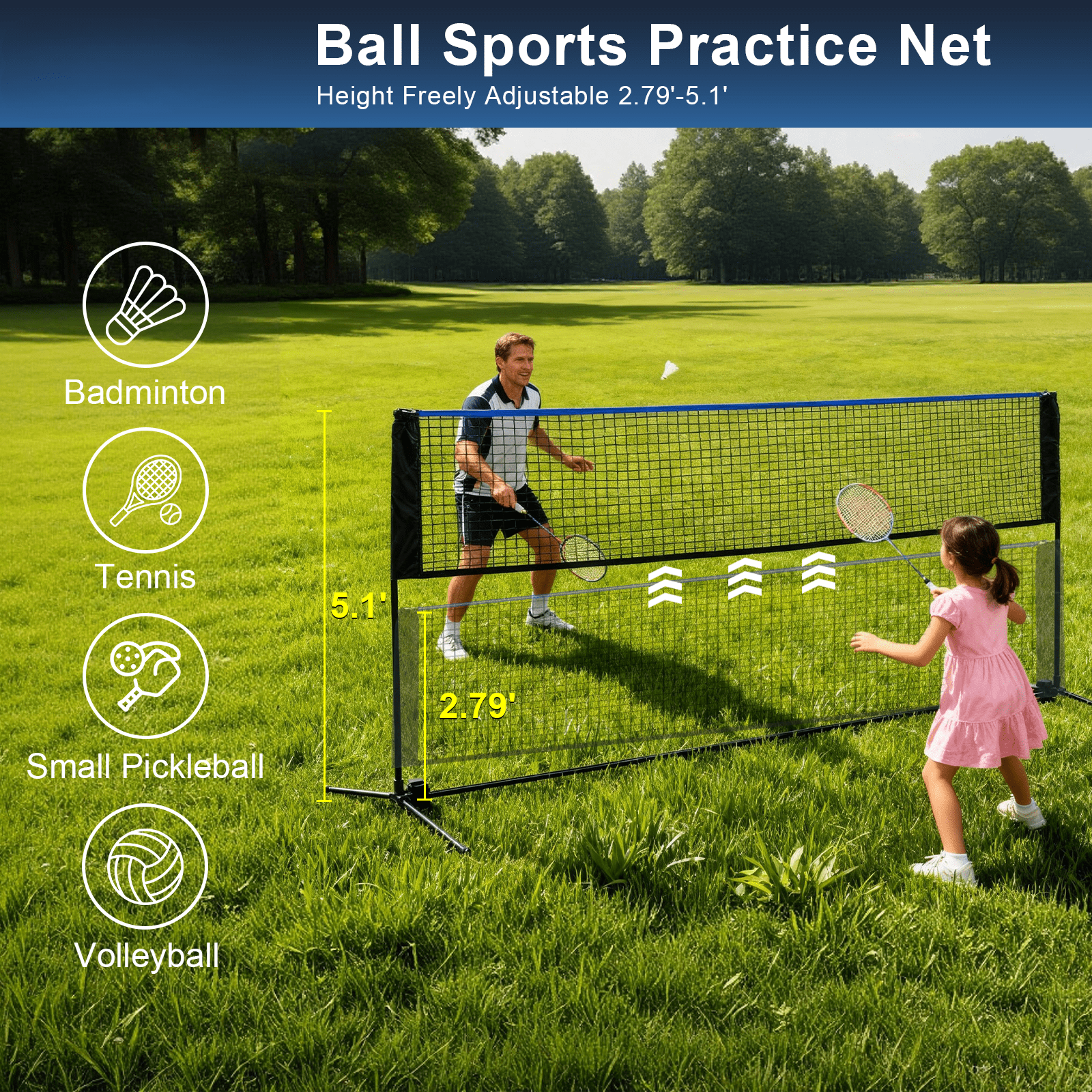 SHOUFTW Nylon Height Adjustable Badminton Net with Carry Bag, Volleyball Net for Pool, Backyard Game Indoor Outdoor Use, Blue-black