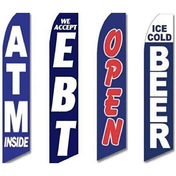 4 Swooper Flags Store Bodega Corner Convenience ATM Inside EBT Beer Open Blue