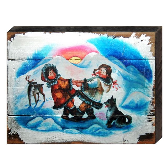 Designocracy 98766-08 Alaska Kids Playing Art on Board Wall Decor