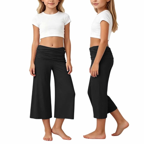 Oiyii Girls Summer Pants Solid Pleated Waist Wide Leg Boggy Cropped Pants, Sizes 5-14Y