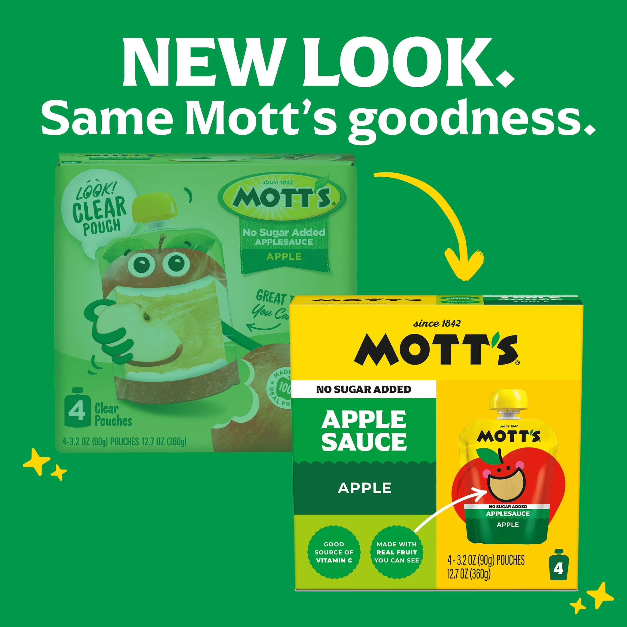Mott's No Sugar Added Applesauce, 3.2 oz, 4 Count Clear Pouches