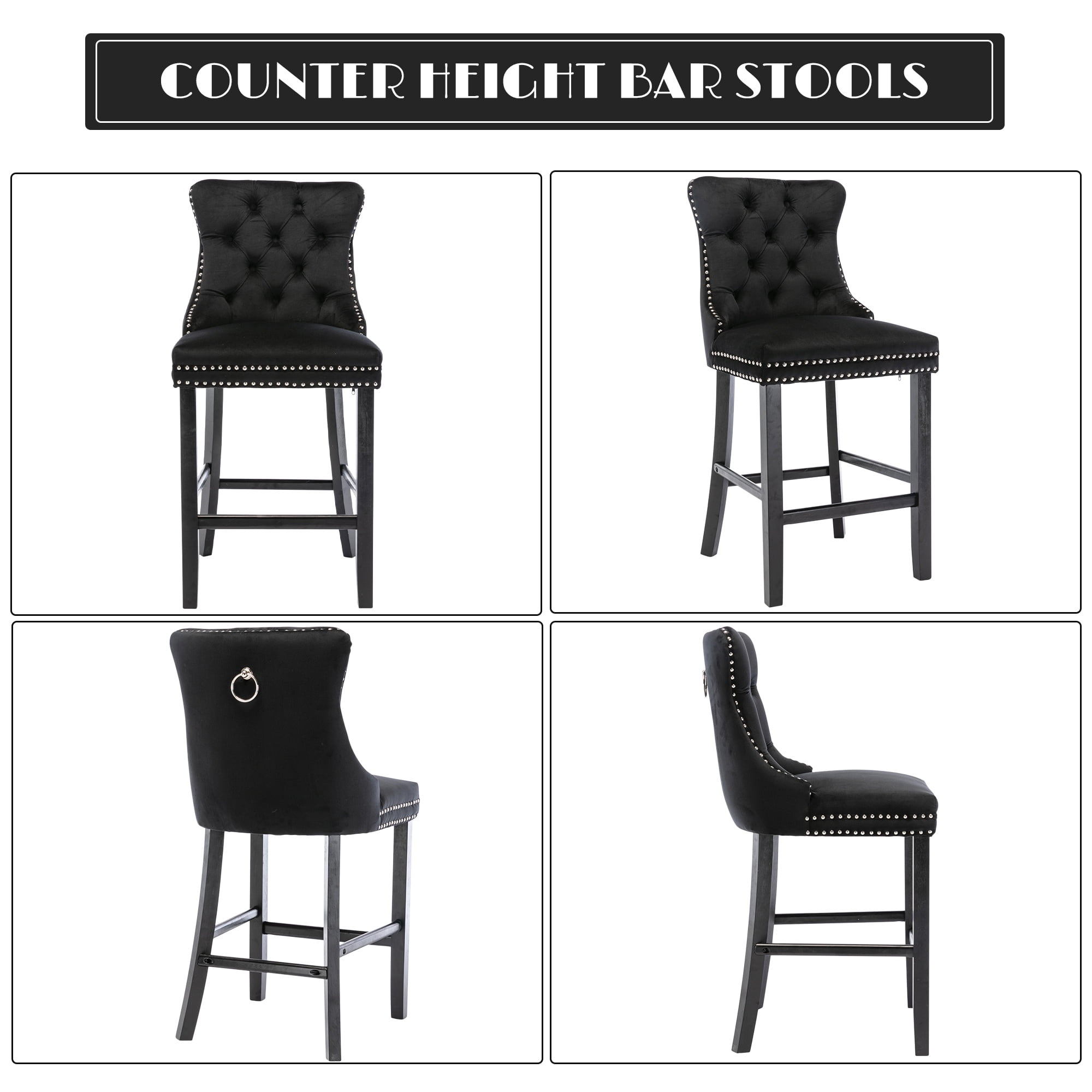 Paproos Upholstered Bar Stools Set of 2, Velvet Barstools with Wood Legs and Tufted, Modern Leisure Counter Height Bar Chairs with Chrome Nailhead Trim for Home Pub and Kitchen Island, Black