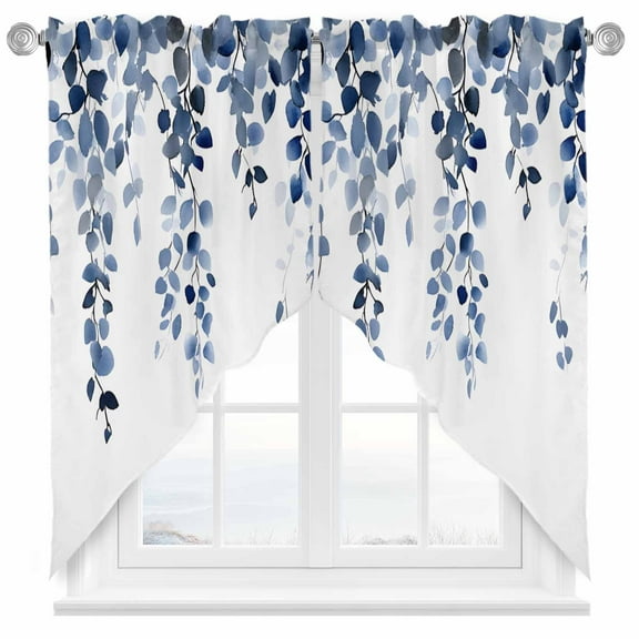 Blue Eucalyptus Leaves Swag Valances for Windows 2 Pack Watercolor Retro Leaf Swag Kitchen Curtains 45 Inches Long Rod Pocket Short Window Treatment for Kitchen Bathroom 36"x45"