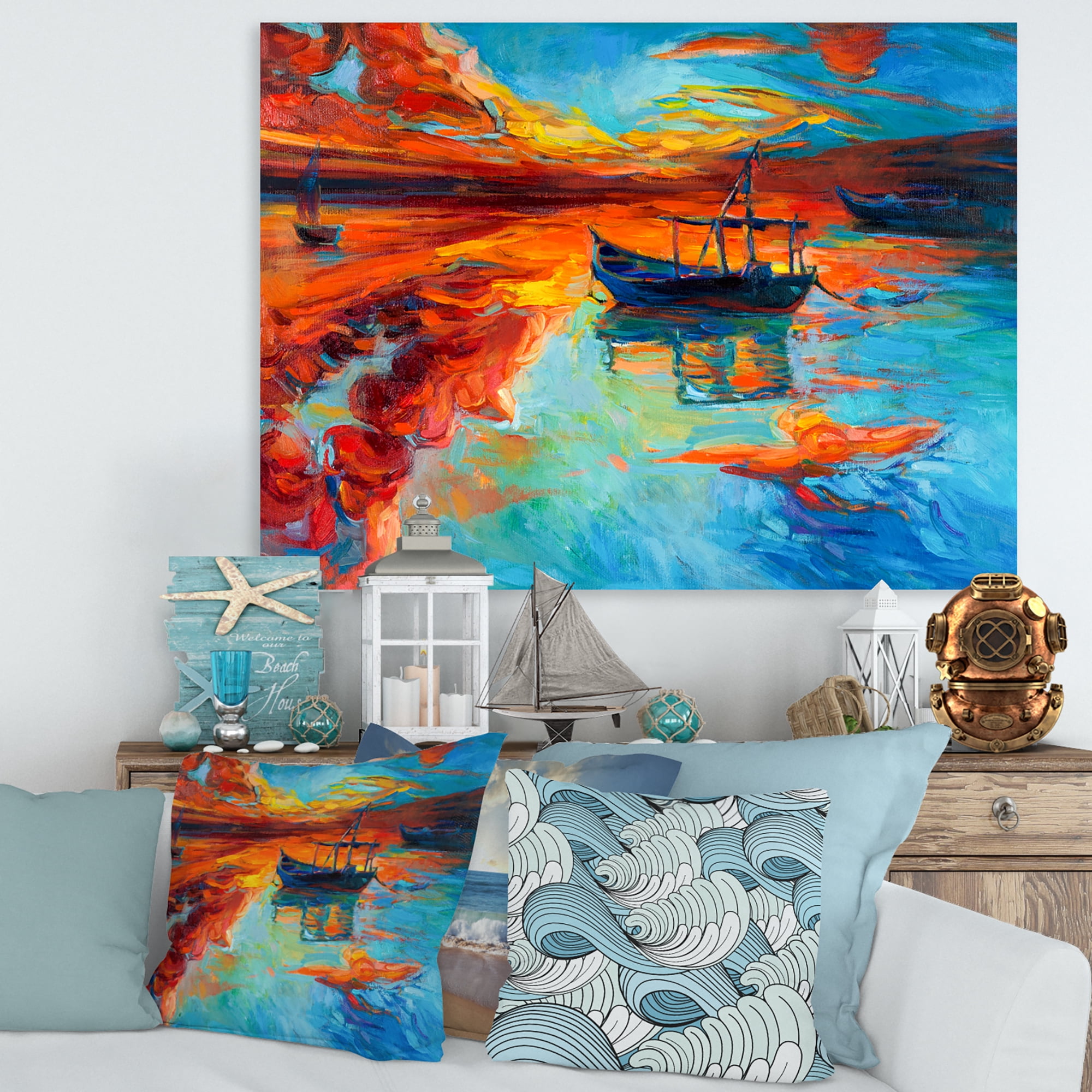 Designart ' Boat At The Lake During Evening Glow IV ' Nautical & Coastal Canvas Wall Art Print