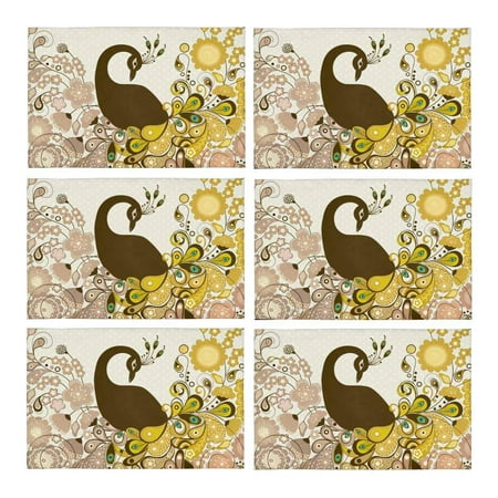 

MKHERT Elegant Beautiful Peacock with Flowers on Polka Dots Placemats Table Mats for Dining Room Kitchen Table Decoration 12x18 inch Set of 6