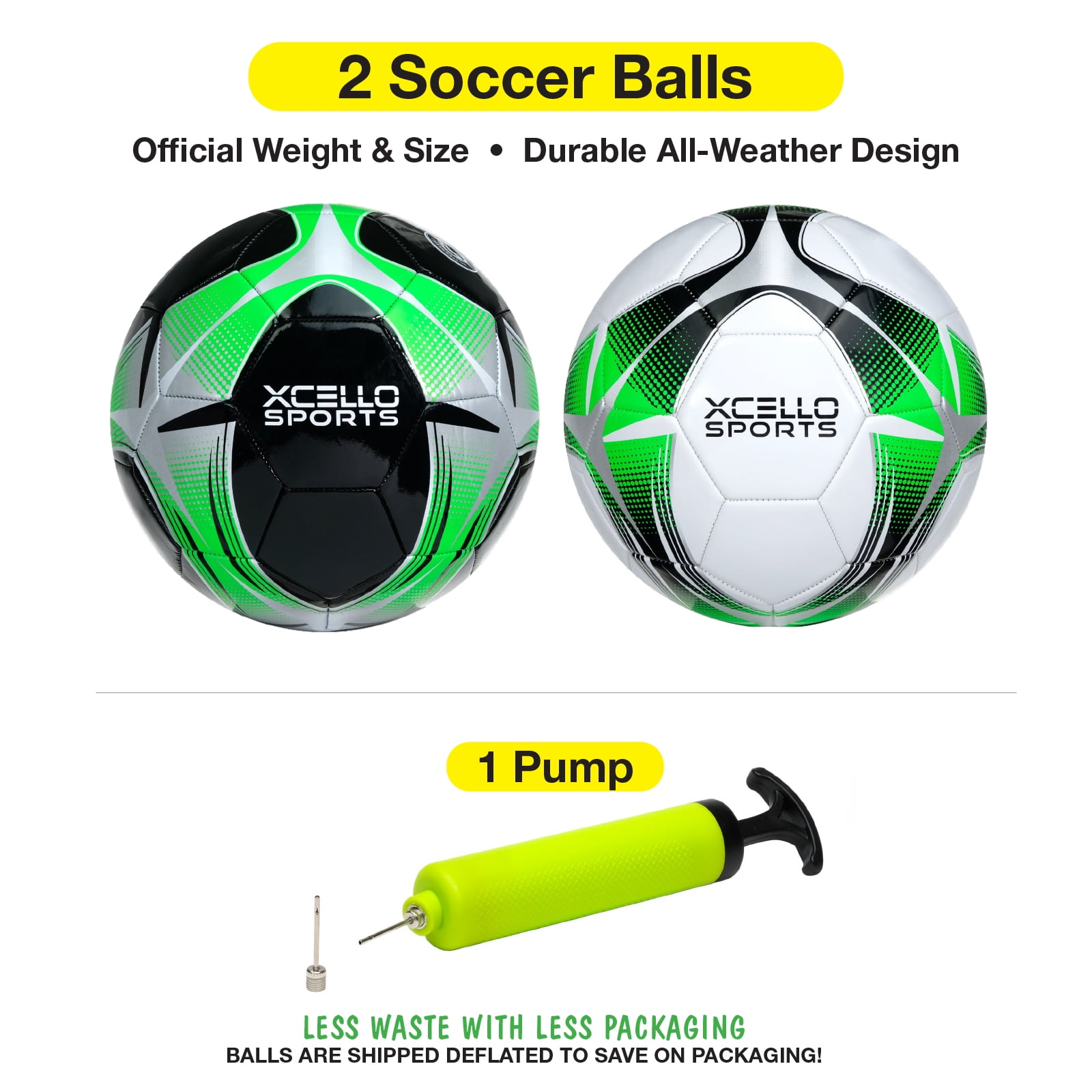 Xcello Sports Soccer Ball (Black/Green/Silver, White/Green/Silver) w/Pump (Size 4, Pack of 2)