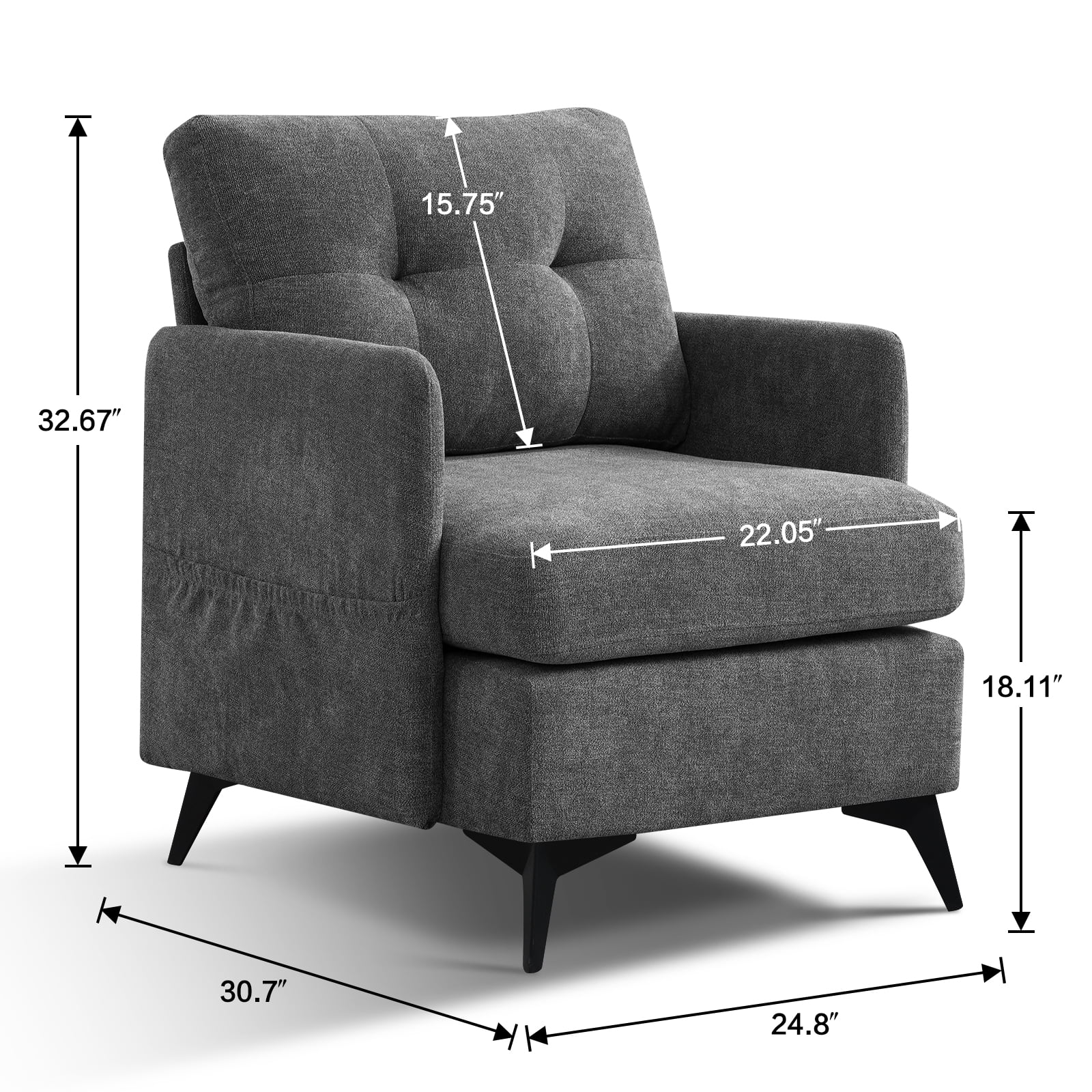 MBBMW Modern Upholstered Accent Chair Armchair, Linen Living Room Chair, Single Sofa with Side Pocket and High Resilience Seating , Gray