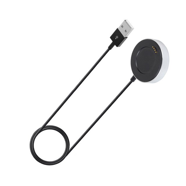 injueey de reloj inteligente que reemplaza la interfaz usb, carga rápida, reloj inteligente, base de carga, adaptador de repuesto relojes inteligentes Cable cargador Injueey para reloj Huawei: base de carga circular negra con borde plateado y cuatro pines dorados, cable delgado desmontable de plástico ABS y conector USB tipo A, mostrado sobre fondo blanco; adecuado como cargador de viaje o repuesto compacto.