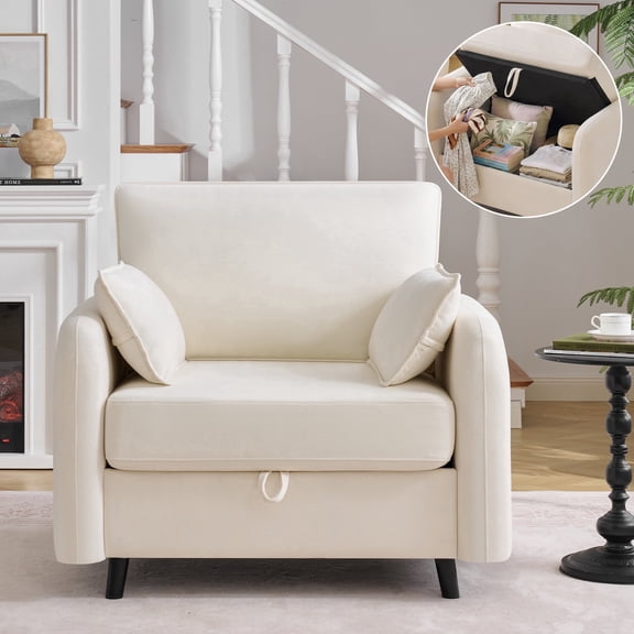 Modern Chenille Accent Chair with Hidden Storage, Upholstered Armchair with 2 Throw Pillows
