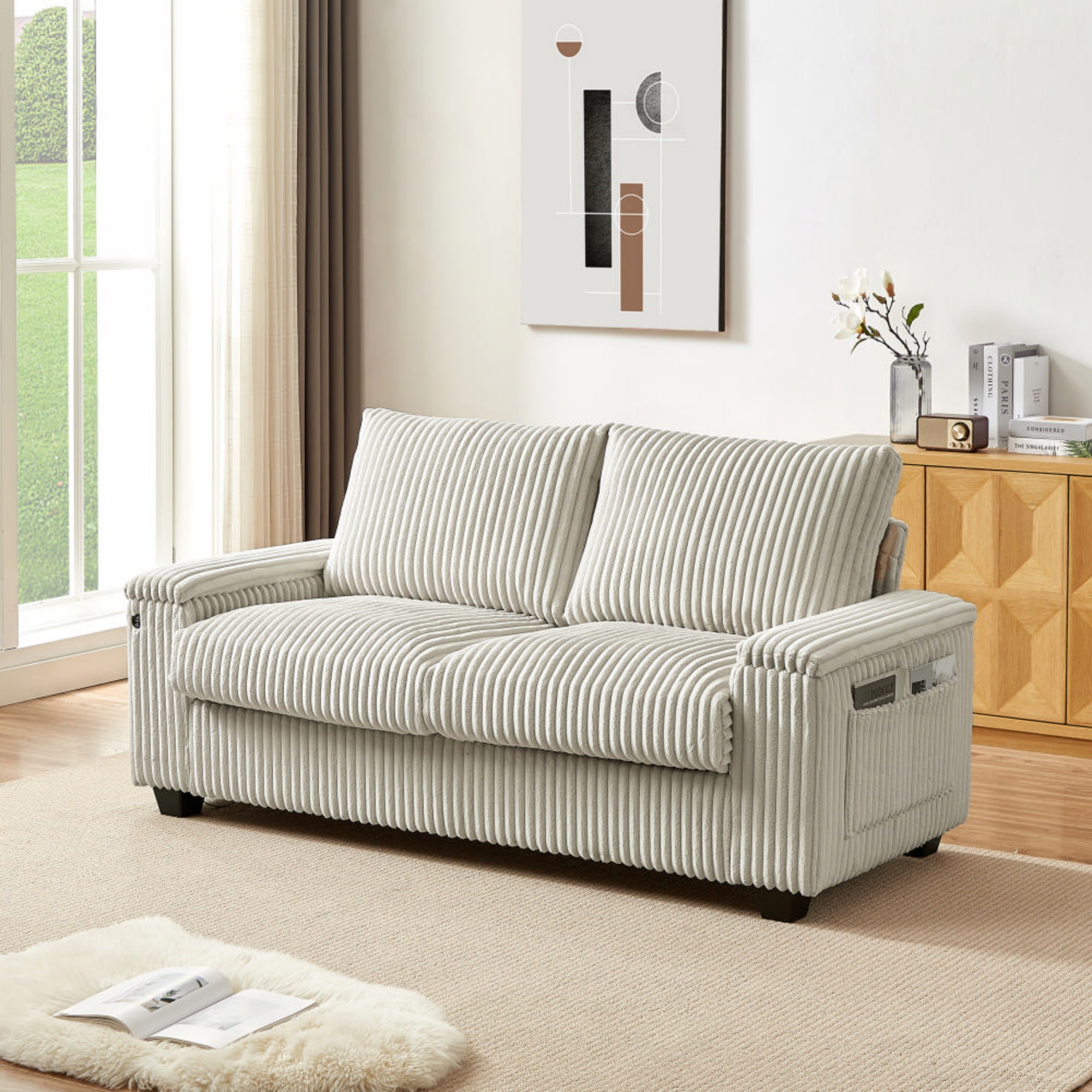 Leumius Loveseat Sofa,71" Comfy Corduroy Love Seat Couch With Square Storage Armrest USB Port for Living Room,White