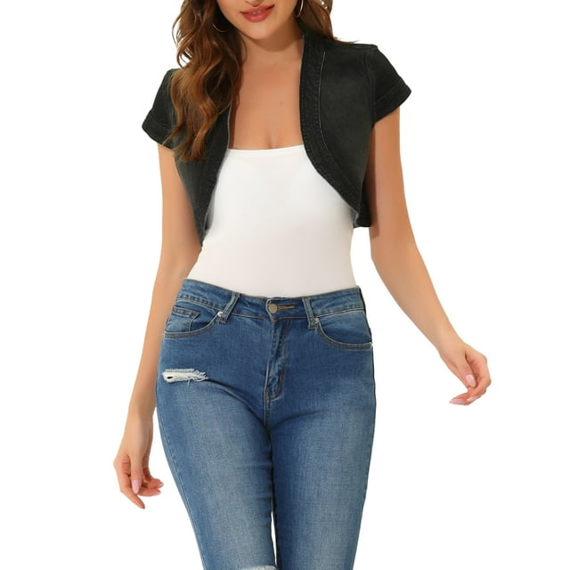 INSPIRE CHIC Cardigan Court en Denim Décontracté pour Femme, Veste Boléro en Jean à Manches Cap, L Noir