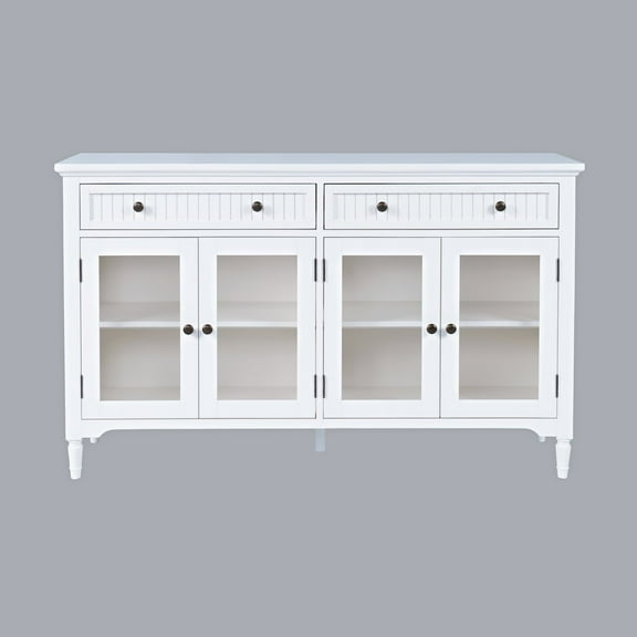 Jofran 58" Glass Door Sideboard Cabinet–Cottage Transitional Buffet, Adjustable Shelves