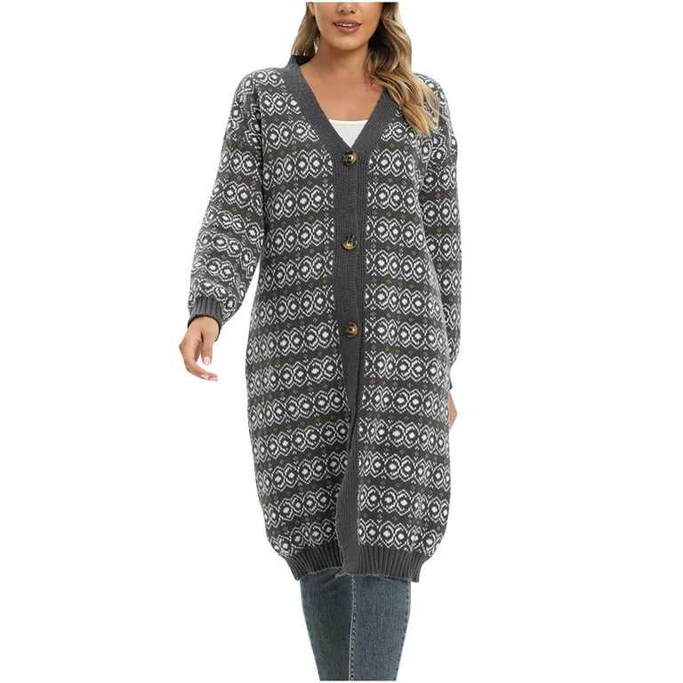 Long Knitted Cardigan for Women Ethnic Printed Long Sleeve Button