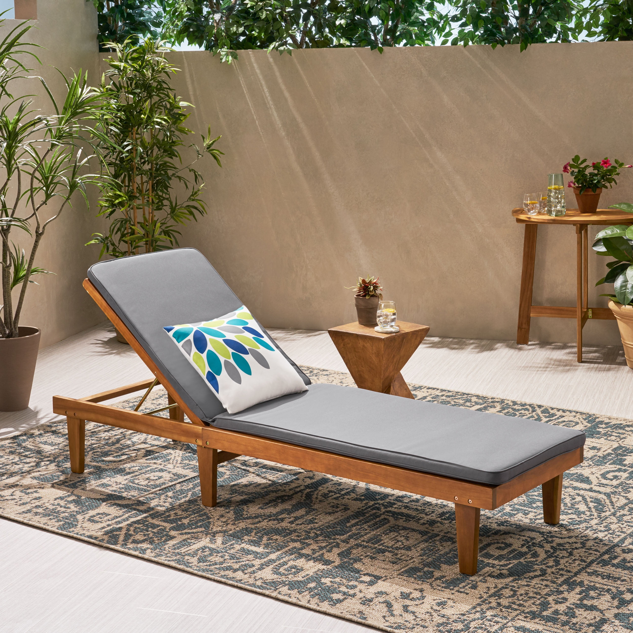 Maddison Outdoor Acacia Wood Chaise Lounge and Cushion Set, Teak and Dark Gray