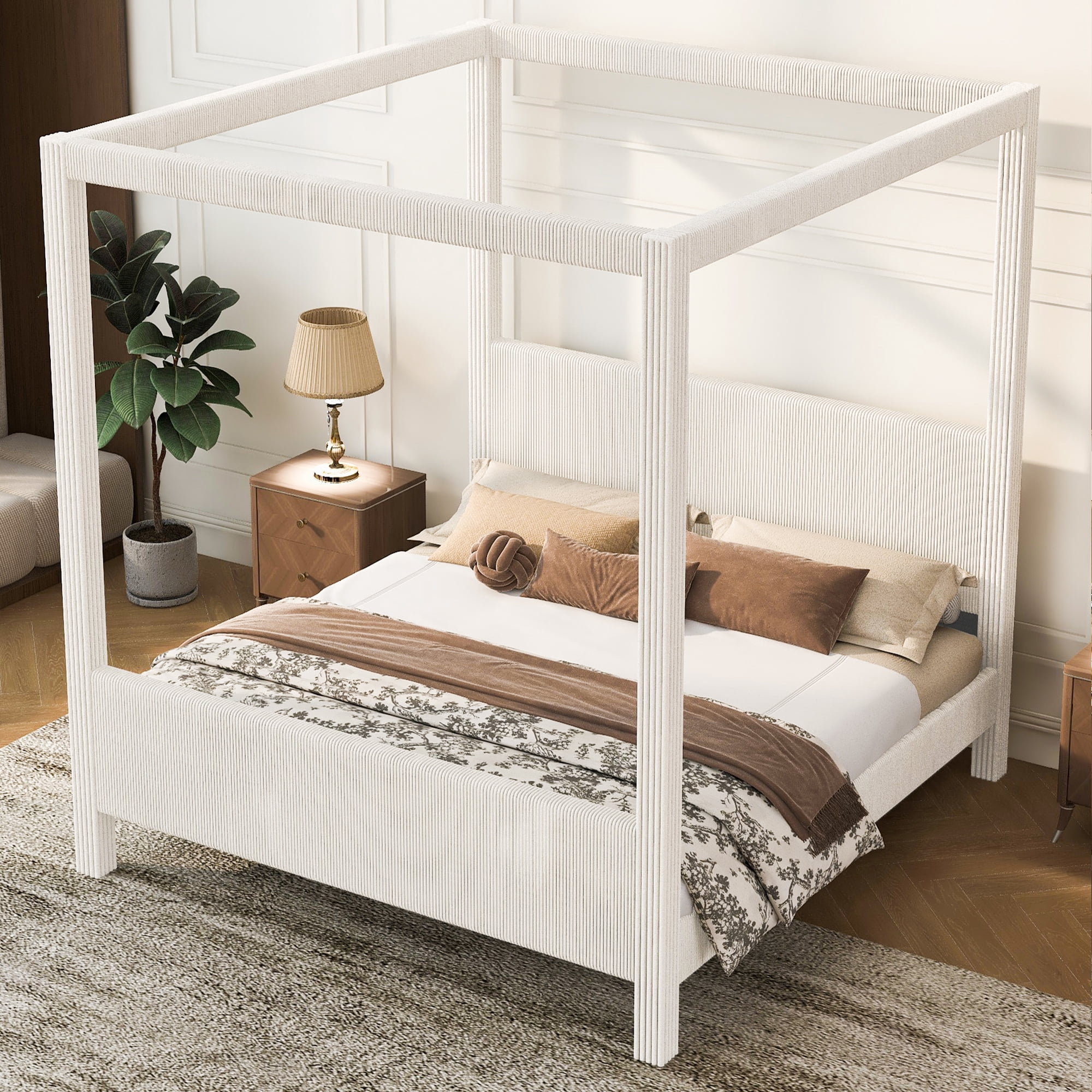 Euroco Upholstery Queen Size Canopy Platform Bed, No Box Spring Needed, Beige