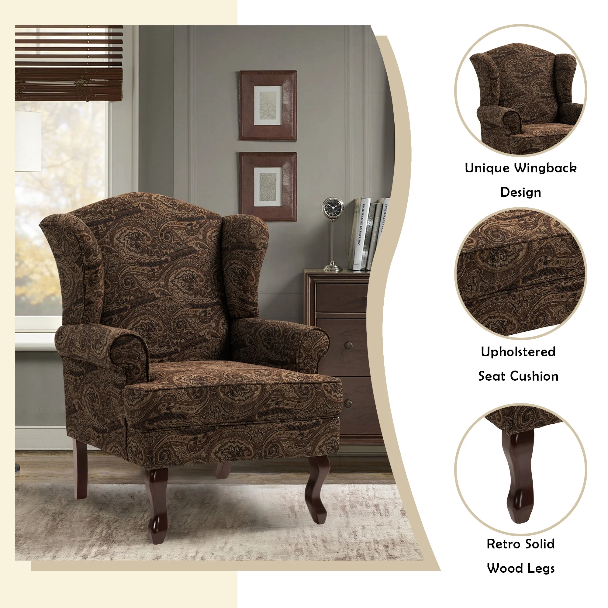 UIXE Wingback Accent Chair, Armchair for Living Room, Traditional Sofa Chair with Comfy Upholstered Seat & Retro Wood Legs, Cranberry