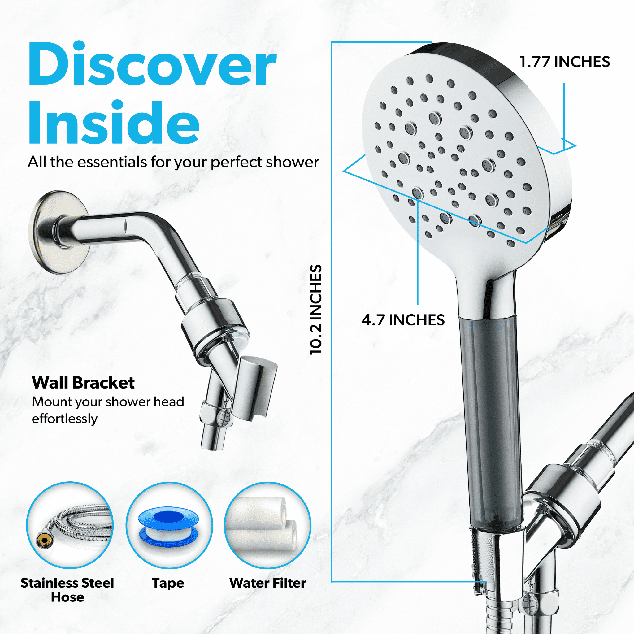 BLACK+DECKER Handheld Shower Head w/ 3 Spray Settings, Water Filter, & Stainless Steel Hose, Chrome