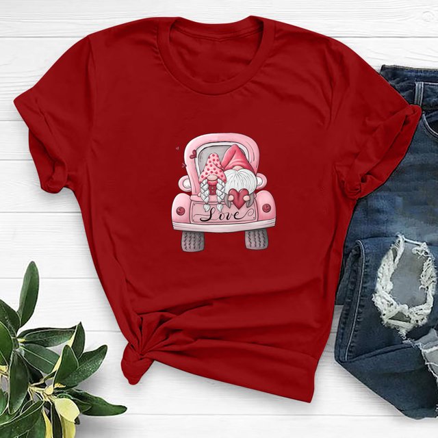 Cadeau de Saint-Valentin pour Femmes Mode Col Rond Imprimé T-shirt à Manches Courtes Décontracté Ample Hauts