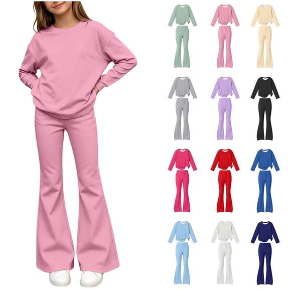 Spazoro Girls 2 Piece Outfit Set, Crewneck Elastic Waist Solid Color Flare Leg Long Sleeve Casual Loungewear Matching Clothes Pink Size 9-10