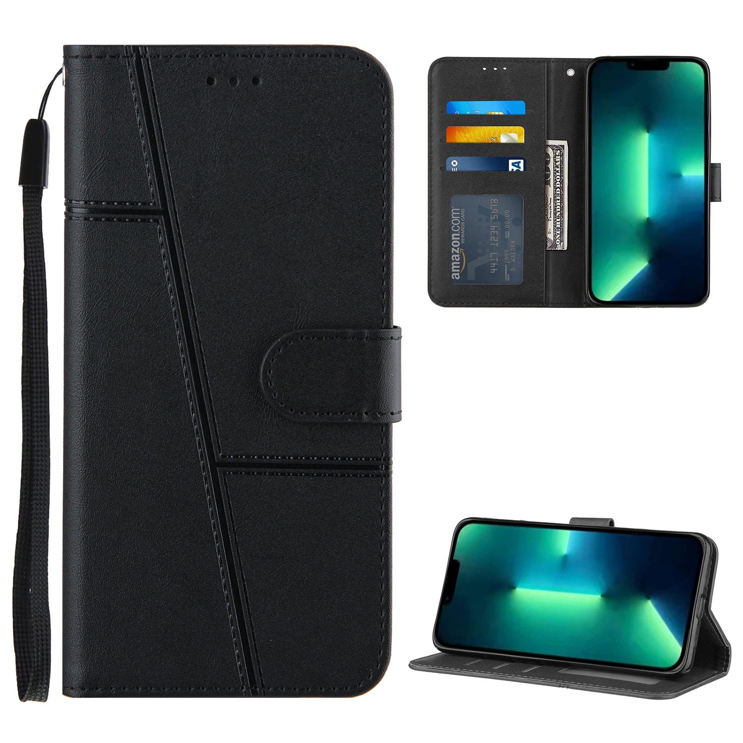 Compatible with Samsung Galaxy A06 Classic Wallet Case, and Lanyard PU Leather Flip Card Slots Holder Kickstand Cell Accessories Phone Case Cover for Samsung Galaxy A06 for Women Men, Black